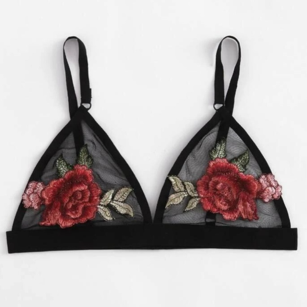 NWOT Embroidered Rose Appliqué Mesh Bralette